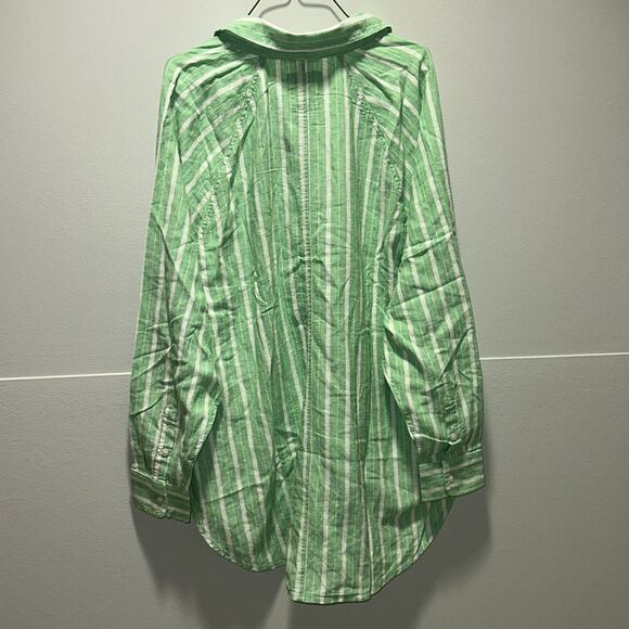 aerie S Celebrity Green White Stripe Pool-to-Party Linen Blend Cover up Shirt - Picture 9 of 17